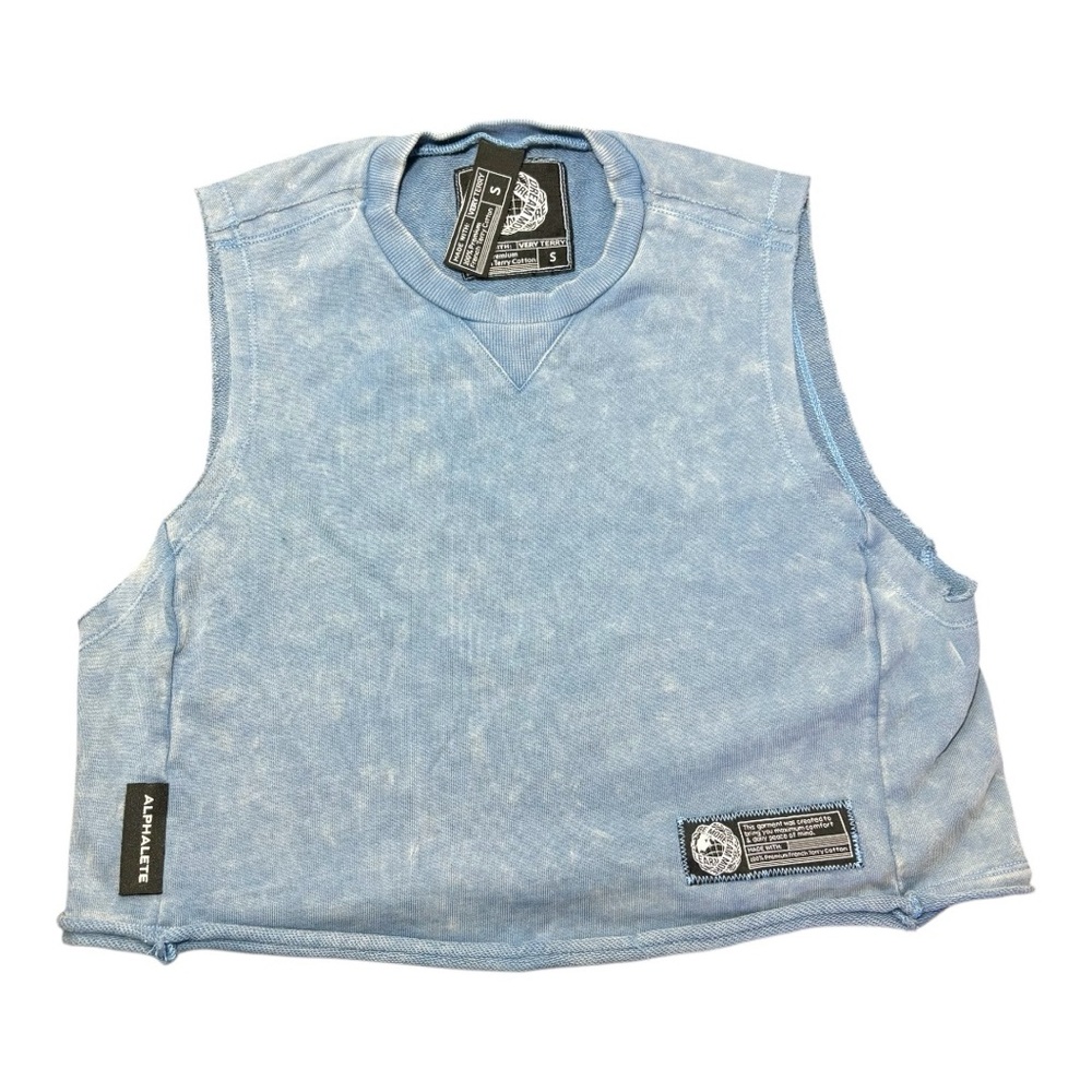ALPHALETE Very Terry Celestial Blue Sleeveless Cutoff Crop Top - Picture 2 of 4